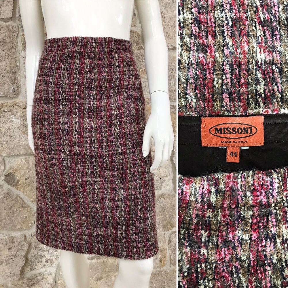 Beautiful Vintage 1990s Missoni Knit Pencil Skirt Pink Red Brown Black